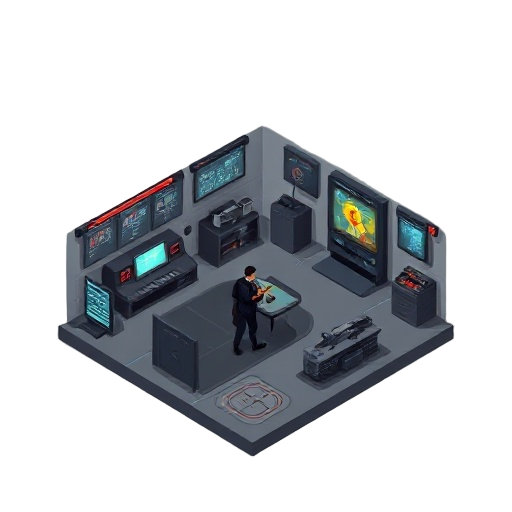 isometric crime scene in cyberpunk style with game interface (hud)