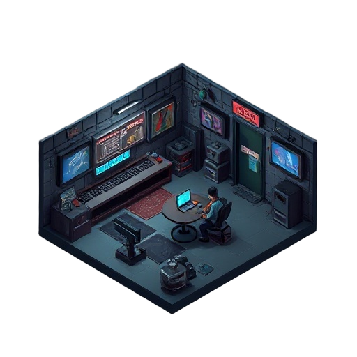 isometric crime scene in cyberpunk style with game interface (hud)
