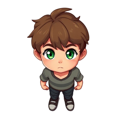 boy(14years) with brown short hairs and green eyes 