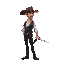 create a 2d character design, side view, of a man wearing a wide-brimmed hat, a crisp white shirt, a dark vest, dark trousers, and dark shoes. he is holding a sword in one hand