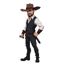 create a 2d character design, side view, of a man wearing a wide-brimmed hat, a crisp white shirt, a dark vest, dark trousers, and dark shoes. he is holding a sword in one hand