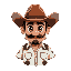 crie um personagem em arte pixelado de um cowboy. o personagem deve ter um grande chapéu marrom, cabelos castanhos e olhos grandes e expressivos. o personagem deve estar vestindo uma camisa branca com