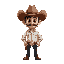 crie um personagem em arte pixelado de um cowboy. o personagem deve ter um grande chapéu marrom, cabelos castanhos e olhos grandes e expressivos. o personagem deve estar vestindo uma camisa branca com