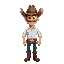 crie um personagem em arte pixelado de um cowboy. o personagem deve ter um grande chapéu marrom, cabelos castanhos e olhos grandes e expressivos. o personagem deve estar vestindo uma camisa branca com