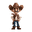 crie um personagem em arte pixelado de um cowboy. o personagem deve ter um grande chapéu marrom, cabelos castanhos e olhos grandes e expressivos. o personagem deve estar vestindo uma camisa branca com