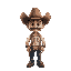 crie um personagem em arte pixelado de um cowboy. o personagem deve ter um grande chapéu marrom, cabelos castanhos e olhos grandes e expressivos. o personagem deve estar vestindo uma camisa branca com
