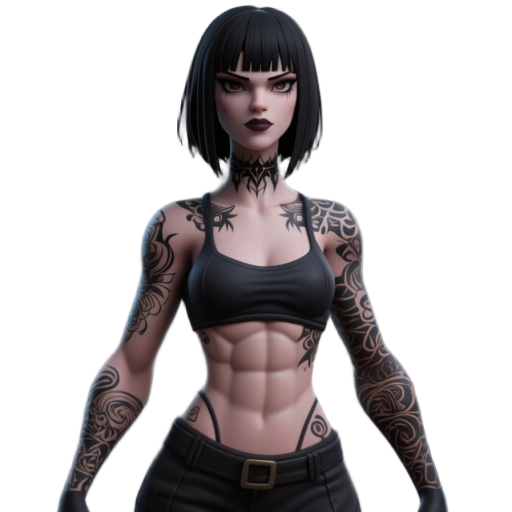 "ultra-detailed 3d character model render, full body, dark gothic woman with a strong athletic and toned physique, short straight black hair with sharp bangs. she has intricate, beautiful artistic tattoos covering her arms and neck. high-quality 3d clay a