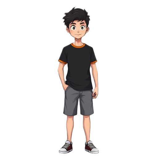 manga skinny guy with black t shirt of orange borders and grey shorts
