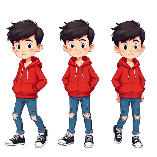 2d sprite of a light-skinned boy with dark hair, red hoodie (hood up), blue ripped jeans, black sneakers. include animations: idle, walking, running, crouching to pick up, each in 8 directions (n, ne, e, se, s, sw, w, nw). clean, game-ready art style.