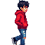 2d sprite of a light-skinned boy with dark hair, red hoodie (hood up), blue ripped jeans, black sneakers. include animations: idle, walking, running, crouching to pick up, each in 8 directions (n, ne, e, se, s, sw, w, nw). clean, game-ready art style.