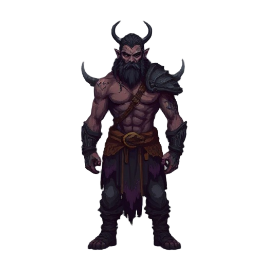 dark fantasy pixel-art sprite of a nordic warrior without armor or weapons, showing scars, rugged muscles and primal presence. surrounded by mist and gloom, he radiates menace with dark tones of black, gray, rust and deep purple.