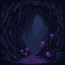 dark fantasy pixel-art cave interior, with jagged rocks, dripping stalactites, and eerie mist. shadows fill the cavern, lit faintly by glowing fungi in tones of black, gray, and deep purple, creating a grim and ominous atmosphere.