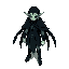 create a top-down pixel-art sprite of a dark fantasy elf in pokémon gba style. long pointed ears, pale skin, dark tattered clothes, eerie details, and shadowy tones of black, gray, and deep green. keep proportions consistent with pokémon trainer sprites.