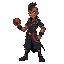 pokémon trainer, male, medium brown skin, shaved head, stylish fantasy outfit with dark tones and vivid details, holding a pokéball confidently, full body, dynamic pose, pokémon sprite art style.