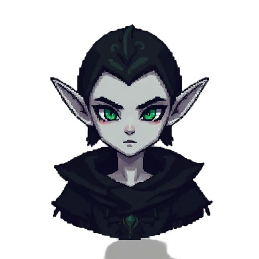 create a top-down pixel-art sprite of a dark fantasy elf in pokémon gba style. long pointed ears, pale skin, dark tattered clothes, eerie details, and shadowy tones of black, gray, and deep green. keep proportions consistent with pokémon trainer sprites.