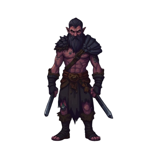 dark fantasy pixel-art sprite of a nordic warrior without armor or weapons, showing scars, rugged muscles and primal presence. surrounded by mist and gloom, he radiates menace with dark tones of black, gray, rust and deep purple.