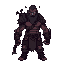 dark fantasy pixel-art sprite of a nordic warrior without armor or weapons, showing scars, rugged muscles and primal presence. surrounded by mist and gloom, he radiates menace with dark tones of black, gray, rust and deep purple.