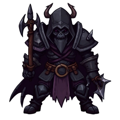 create a dark fantasy medieval sprite with worn armor, jagged weapons, and eerie details. the character should exude menace, set in a gloomy, mist-filled world. use dark tones like black, purple, and rust. maintain a gritty, ominous atmosphere for a consi