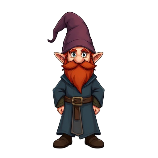 gnome wizard wearing a robe with red hair and beard, big wizard hat