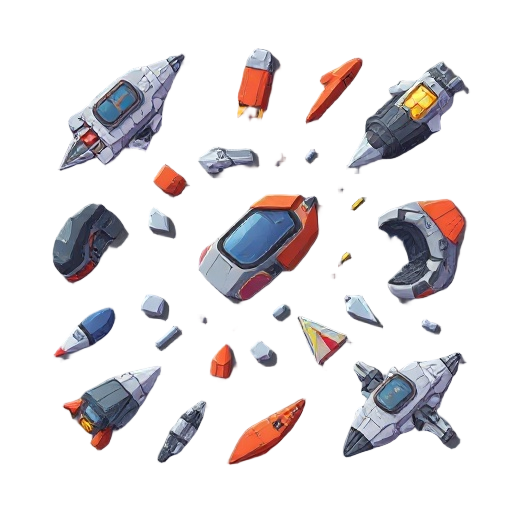 create a set of 20 unique 2d designs of broken spaceship parts for a mobile space shooter game. each design should depict damaged or destroyed fragments of spaceships