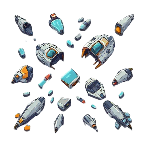 create a set of 20 unique 2d designs of broken spaceship parts for a mobile space shooter game. each design should depict damaged or destroyed fragments of spaceships — not whole ships and not in the process of being destroyed, but already broken debris. 