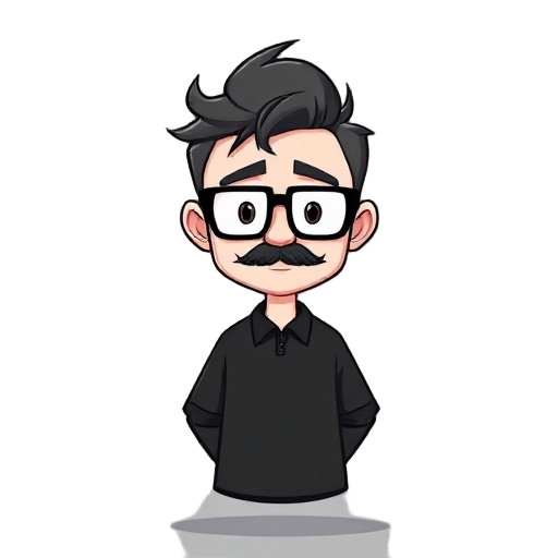 white man in a black shirt, with common black glasses, messy but comical and standard hair, weak but clear and common mustache too