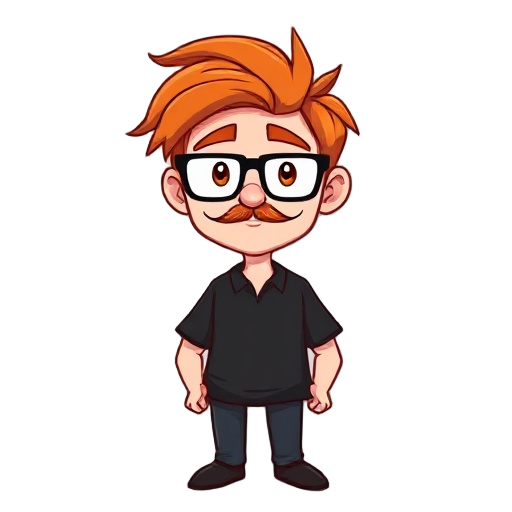 orange red hair color white man in a black shirt, with common black glasses, messy but comical and standard hair, weak but clear and common mustache too