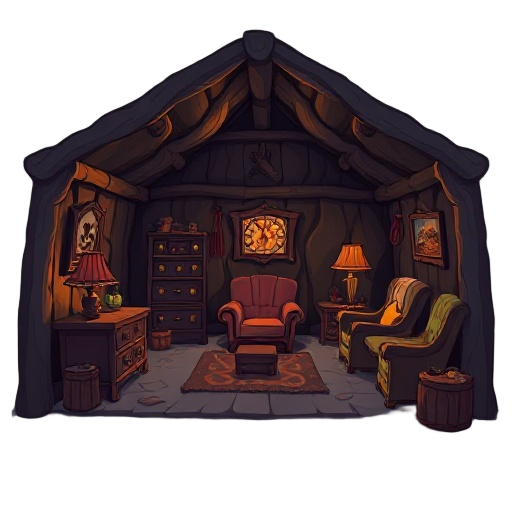 scary inside of the cabin with creepy furniture 