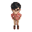 a school boy with glasses , short hair , red check shirt , beige pants, brown shoes