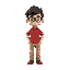a school boy with glasses , short hair , red check shirt , beige pants, brown shoes