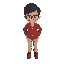 a school boy with glasses , short black hair , red check shirt , beige pants, brown shoes, simple, 32 pixel style
