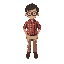 a school boy with glasses , short hair , red check shirt , beige pants, brown shoes