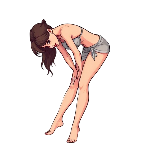 a barely clothed young woman, bent over and spreading legs.