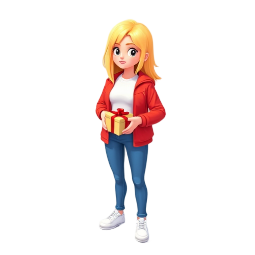 blond girl, white t-shirts, blue jeans, white shoes, red jacket, box ribbons at hands