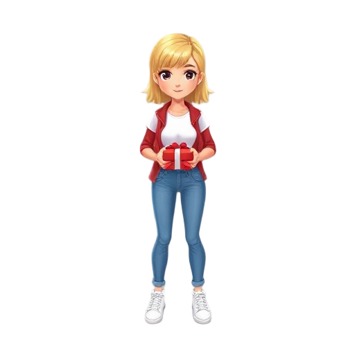 blond girl, white t-shirts, blue jeans, white shoes, red jacket, box ribbons at hands