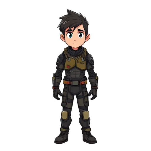 a lone survivor in a post-apocalyptic future. around 30 years old, short messy hair, wearing a partially damaged tech-armor suit. a cracked smart wristwatch on the left arm. eyes filled with loss and curiosity. awakes in an abandoned shelter and begins to