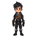 a lone survivor in a post-apocalyptic future. around 30 years old, short messy hair, wearing a partially damaged tech-armor suit. a cracked smart wristwatch on the left arm. eyes filled with loss and curiosity. awakes in an abandoned shelter and begins to