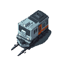 train engine top down sprite side-facing in futuristic industrial style. no train tracks. forward facing lights. 