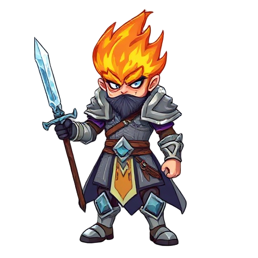 a warrior with fire head, using an armor is made of ice.in his left hand, a sword