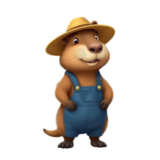 capybara wearing a straw hat and a blue farmer's overalls.