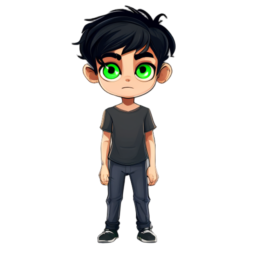  create a boy where he has black hair, green eyes, few eyebrows, is 1.70 cm tall and is thin.