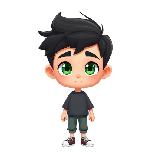  create a boy where he has black hair, green eyes, few eyebrows, is 1.70 cm tall and is thin.