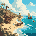beach town with pirate ship at sea