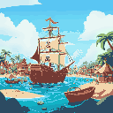 beach town with pirate ship at sea