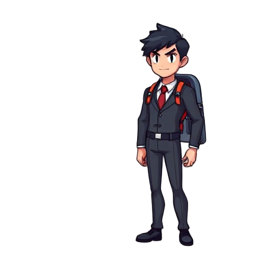 man in suit and jetpack, black hair , 8bit 