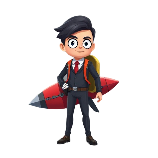 man in suit and jetpack, black hair 