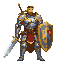 he must have a strong and heroic appearance, with silver metal armor with gold details, a broadsword on his back and a shield with an ancient coat of arms.