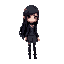 short fem with long black hair. gothic clothing. satanic 