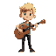 short blonde hair, nonbinary, brown acoustic guitar. black pants and bright colorful funky shirt. short stature