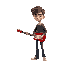 tall, skinny, brown hair- short, sweater and jeans. holding red electric guitar. indie coded